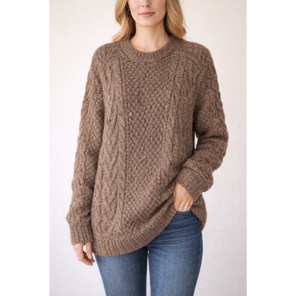 Vintage Athena Designs Aran Irish Fisherman Sweater Wool Cable Knit Brown Large